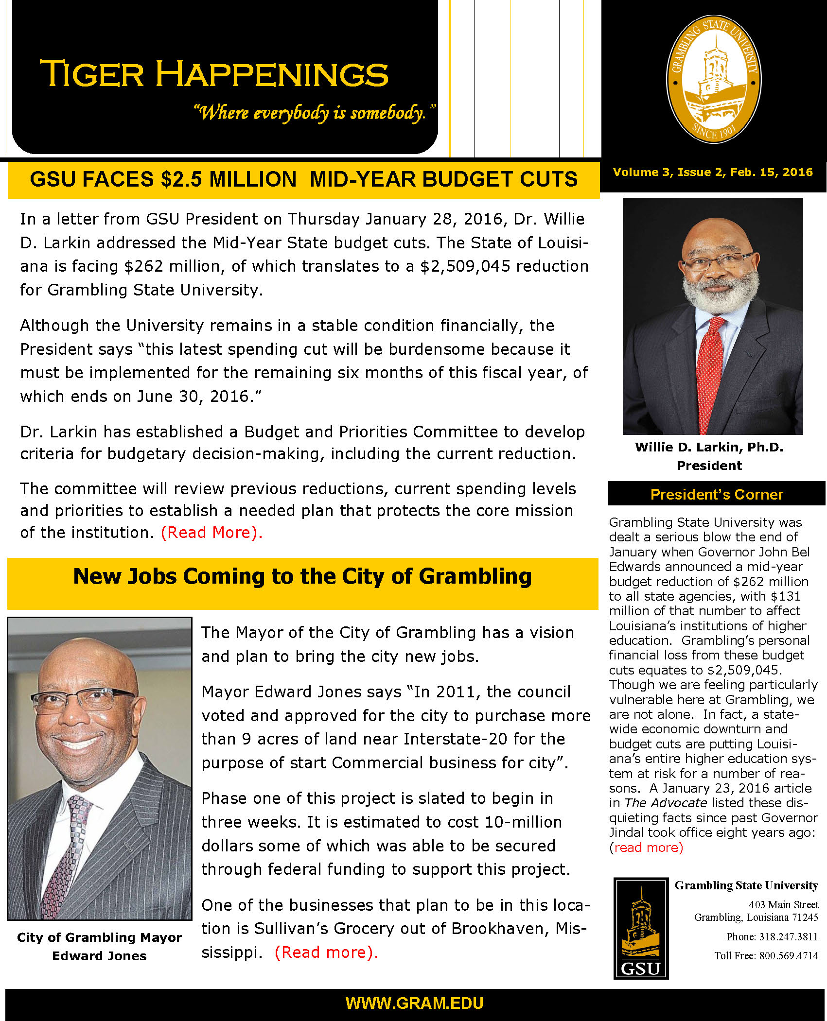 Tiger Happenings Newsletter, Volume 3, Issue 2, February 15, 2016