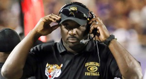 Sep 08, 2012; Fort Worth, TX, USA; Grambling State Tigers head coach Doug Williams reacts on the sidelines during the game against the TCU Horned Frogs at Amon G. Carter Stadium. TCU won 56-0. Mandatory Credit: Kevin Jairaj-USA TODAY Sports