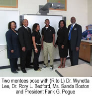 Two mentees pose with Dr. Wynetta Lee, Dr. Rory Bedford, Ms. Sandra Boston, and President Pogue.