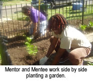 Mentor and mentee work side-by-side planting a garden.