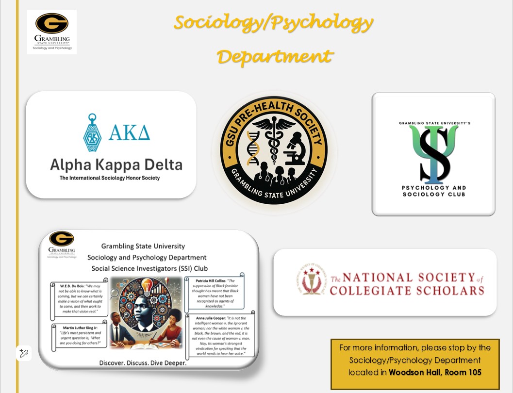 Grambling State University Sociology/Psychology Clubs Logos - Alpha Kappa Delta, GSU Pre-Health Society, Psychology and Sociology Club, Social Science Investigators (SSI) Club, National Society of Collegiate Scholars Grambling State University Sociology/Psychology Clubs Logos - Alpha Kappa Delta, GSU Pre-Health Society, Psychology and Sociology Club, Social Science Investigators (SSI) Club, National Society of Collegiate Scholars