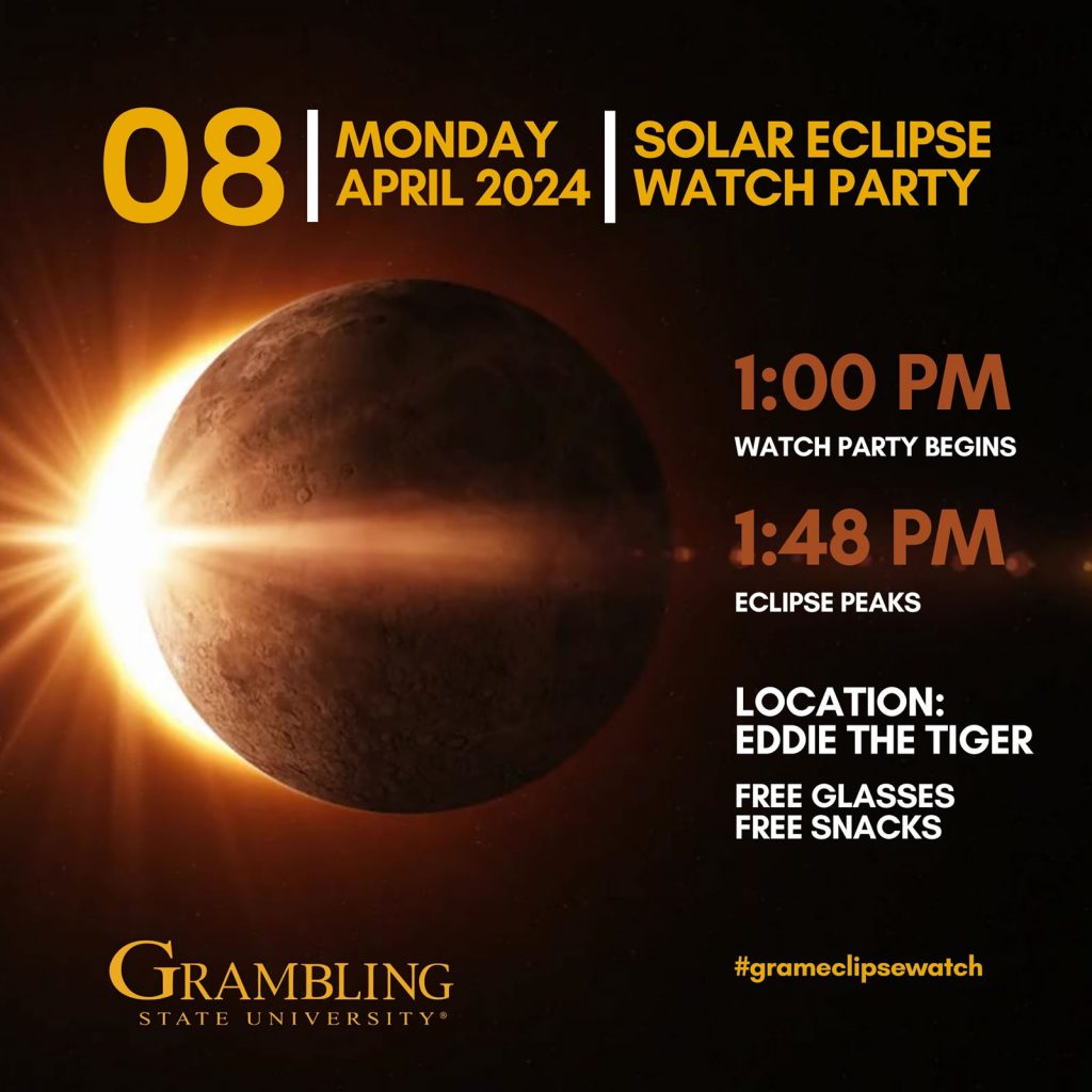 Solar Eclipse Watch Party Flyer - Mon. Apr. 8, 2024 - Eddie the Tiger Statue (Quad), Grambling State University
