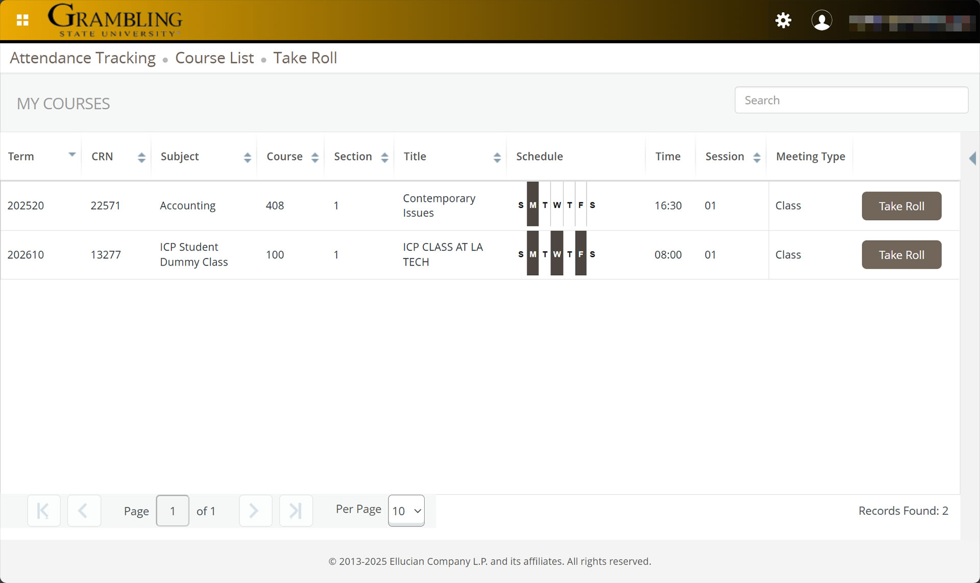 Faculty: Class Attendance Screenshot