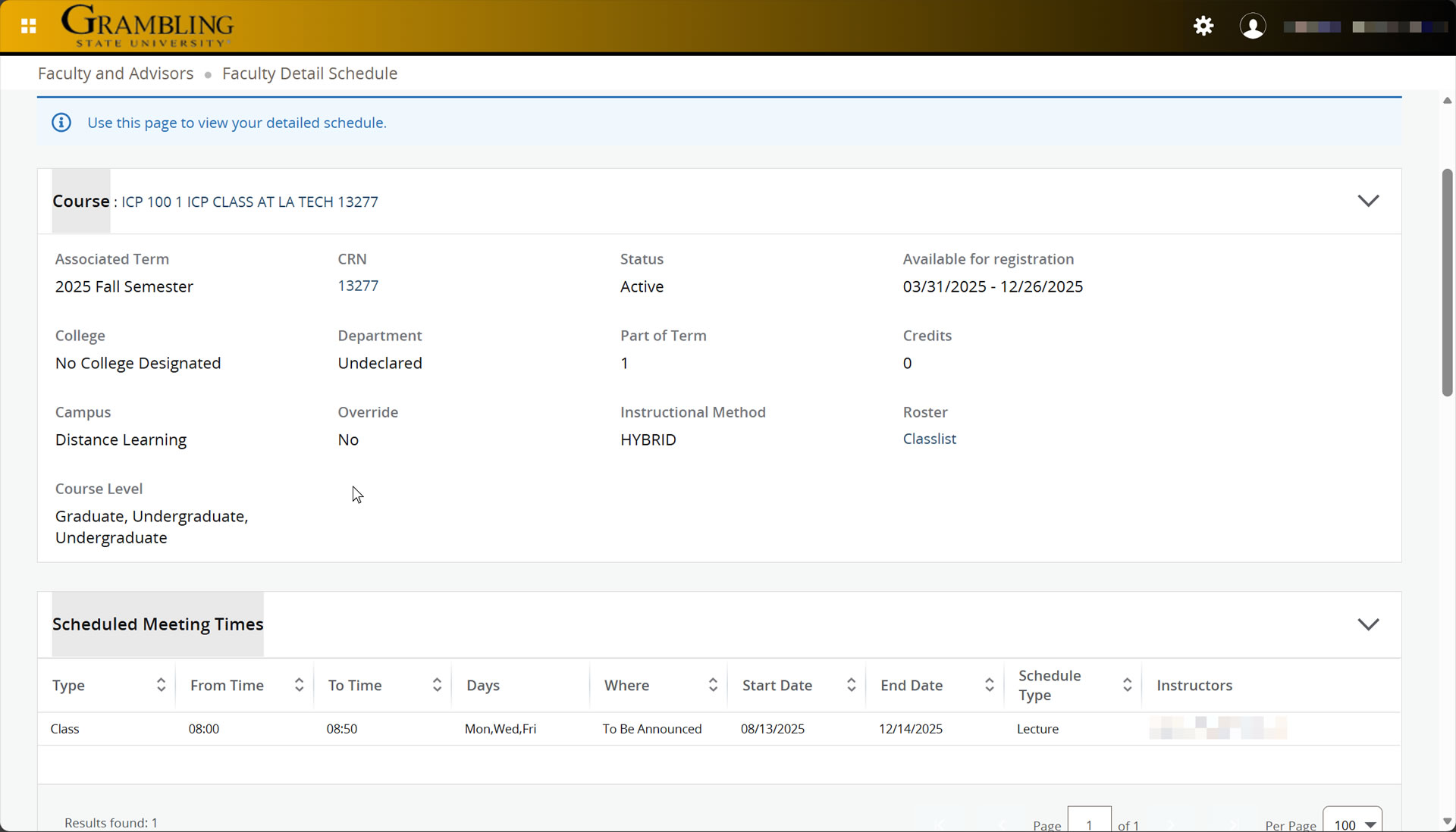 Faculty: Schedule of Courses by Term Screenshot