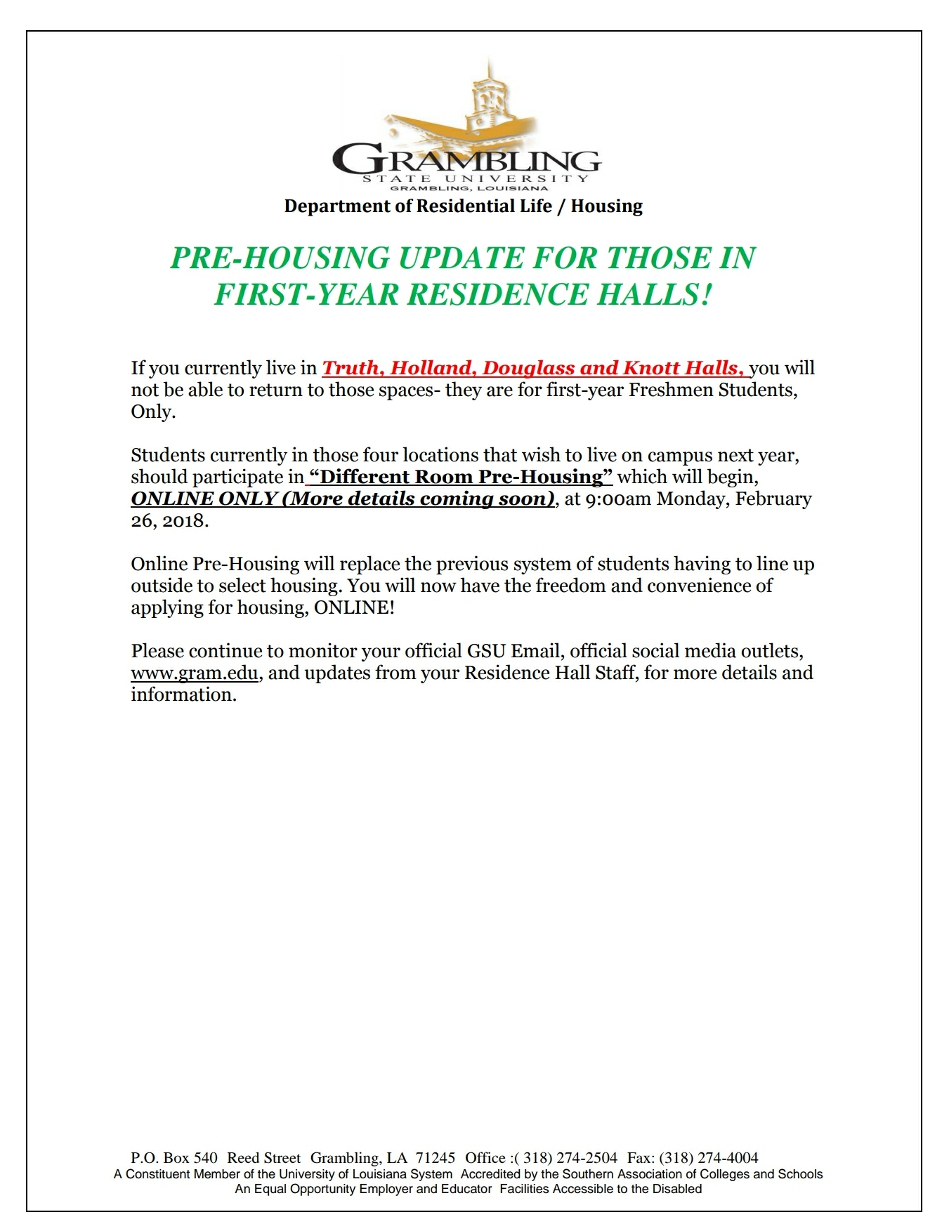 First Year Pre-Housing Notice